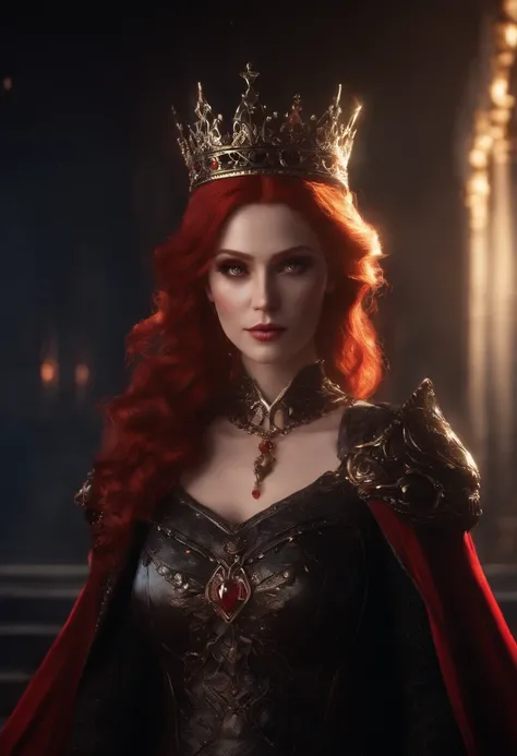 The Dark Princess with Blood Eyes, Red hair, crown, Evil smile, Anime style, Lens flare, High detail, first person perspective, Cinematic lighting, Masterpiece, Super detail, Best quality, 8K, hyper HD