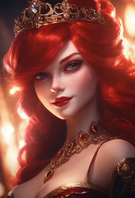 The Dark Princess with Blood Eyes, Red hair, crown, Evil smile, Anime style, Lens flare, High detail, first person perspective, Cinematic lighting, Masterpiece, Super detail, Best quality, 8K, hyper HD