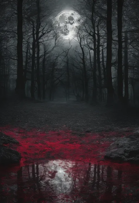 Photograph of the process that takes place in the text-to-image software with artificial intelligence in the first moments of generation.deep-forest、On the forest、Crimson Full Moon in the deep night sky