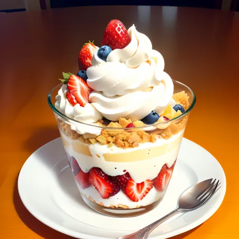 Fresh fruit parfait with soft ice cream, ice cream on top, plan on top, whipped cream on top