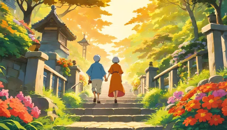 Chung yeung festival，poster for，Vector illustration of elderly couple walking on stairs near beautiful garden,Rickets body， In the style of the terrain of northern China, UHD image, Light orange and yellow, Free-flowing surrealism, ferrania p30, Floral and...