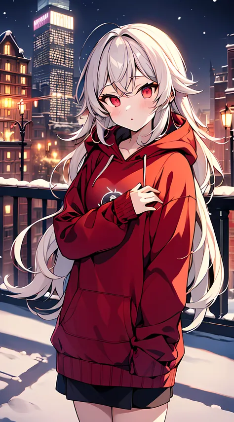 eirudy_(springwitch3),masterpiece,1girl,red ruby eyes,wearing hoodies,city,winter snow,night,absurdres,high res, ultrasharp, 8K, masterpiece, looking at viewer