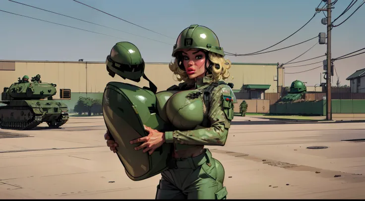 1 man, (male soldier:1.4), (sexy ((female soldier1.6))), ((green combat helmet helmet:1.5)) wearing ((khaki cargo pants:1.4)), (perfect face), detailed face, (symmetrical eyes), perfect nose, ((open cargo vest:1.3)), wearing ((lace bra:1.4)) that barely co...