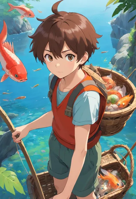 younge boy，short detailed hair，brunette color hair，Large, round eyes，Round-faced eyebrows are thick and curved upwards，Harpoon in hand，Fish basket on your back，vests,Large shorts