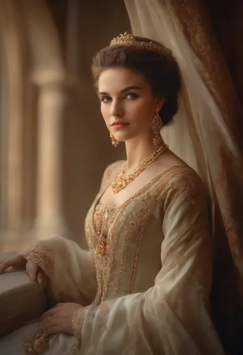 best quality,ultra-detailed,historical painting,portrait,beautiful detailed face,delicate brushstrokes,exquisite costume,fine jewelry,soft lighting,pastel colors,subtle background,graceful pose,vibrant atmosphere,classic elegance