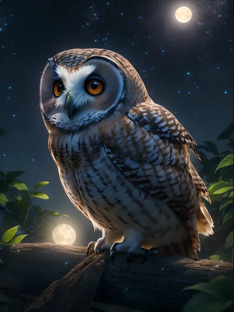 An owl close-up portrait at night, fireflies, perfect jungle night view, full moon, glowing effects, shinning stars in the sky, best quality, masterpiece collection, rendered by Nvidia RTX, ray tracing, 24K UHD resolution, extremely high detailed art