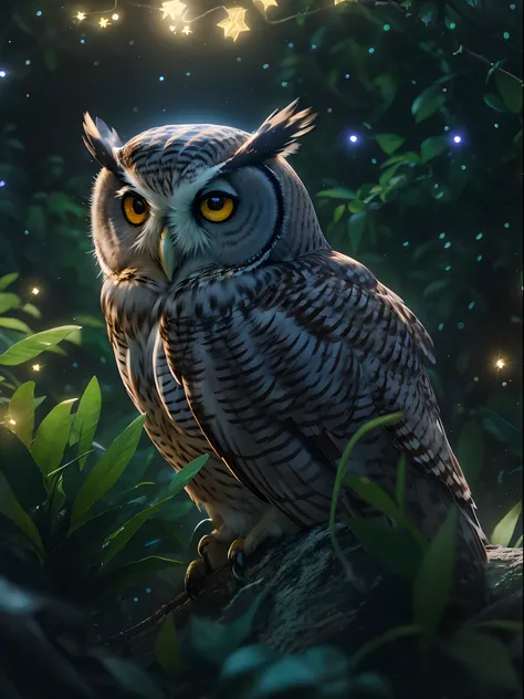 An owl close-up portrait at night, fireflies, perfect jungle night view, full moon, glowing effects, shinning stars in the sky, best quality, masterpiece collection, rendered by Nvidia RTX, ray tracing, 24K UHD resolution, extremely high detailed art