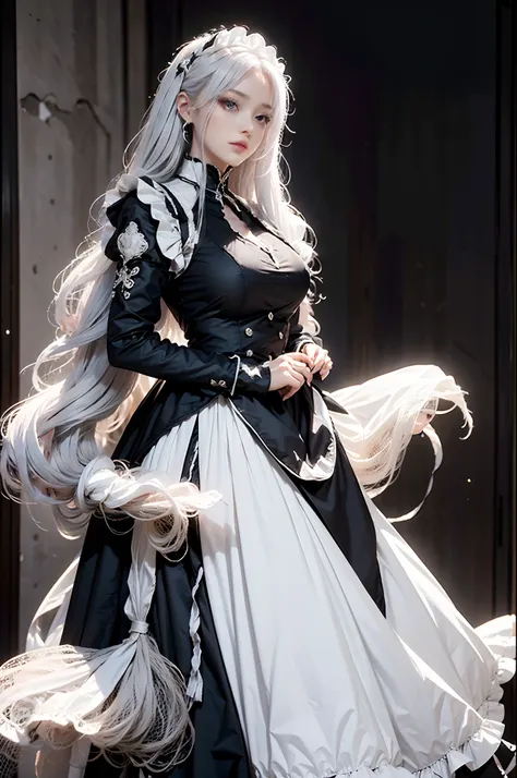 the woman, (european citizenship: 1.2) in a black and white outfit posing for a photo, maiden! dress, anime girl cosplay, anime ...