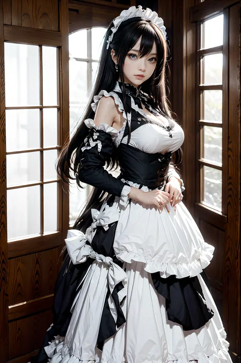 woman in black and white outfit posing for photo, cosplay of a catboy! maiden! dress, anime girl cosplay, anime girl in a maid c...