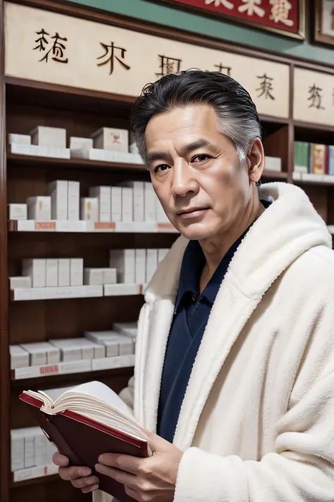 Chinese image，Real frontal photos，Authentic background，Pharmacy background，holding books，Manteau blanc，Face full of wrinkles，TCM image，Wise eyes，male people