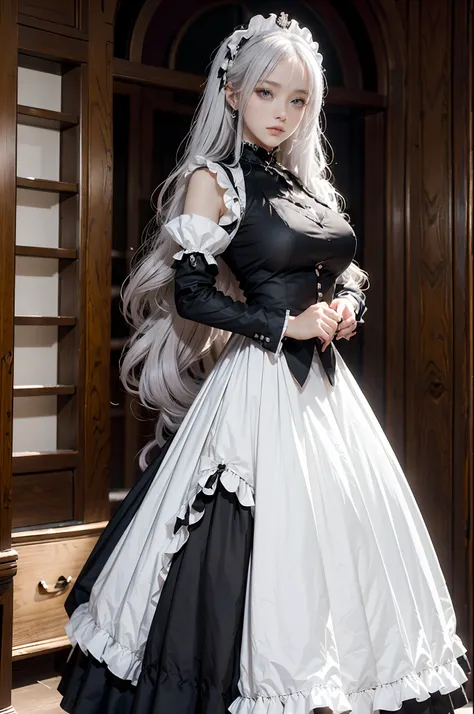 the woman, (european citizenship: 1.2) in a black and white outfit posing for a photo, maiden! dress, anime girl cosplay, anime ...