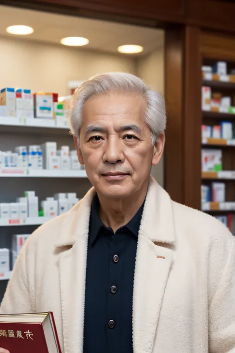 Chinese image，Real frontal photos，Authentic background，Pharmacy background，holding books，Manteau blanc，Face full of wrinkles，TCM image，Wise eyes，male people