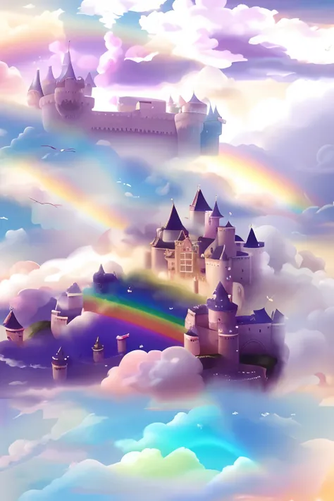 There is a castle in the clouds，There are rainbows in the sky, flying cloud castle, castle in the clouds, castle made of clouds, Castle background, fairy tale style background, magical castle school on a hill, Magical castle, fantasy matte painting，Cute, f...