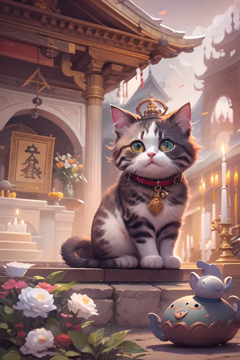 A round-eyed cute cat, Stand by the altar of the land god.