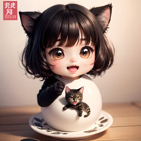 ​masterpiece、top-quality、ultra-detailliert、(Chibi Charas Daughter:1.2)、Cat magazine cover、Chibi Chara Calico Cat、Chibi Charatra Cat、Chibi Chara Black Cat、Chibi Chara White Cat、wraith、Open your mouth and smile、