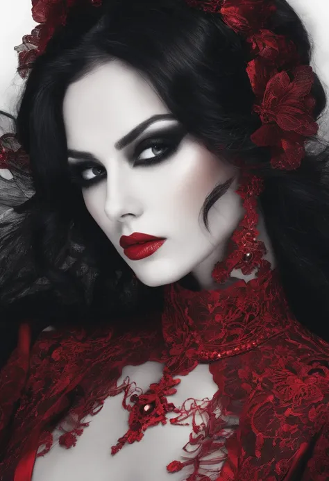 Photograph of the process that takes place in the text-to-image software with artificial intelligence in the first moments of generation.Beautiful woman in crimson dress、Red highlights on black hair、sharp eye、Red eyes、Red eyeliner、red-lips、Staring at me、ss...