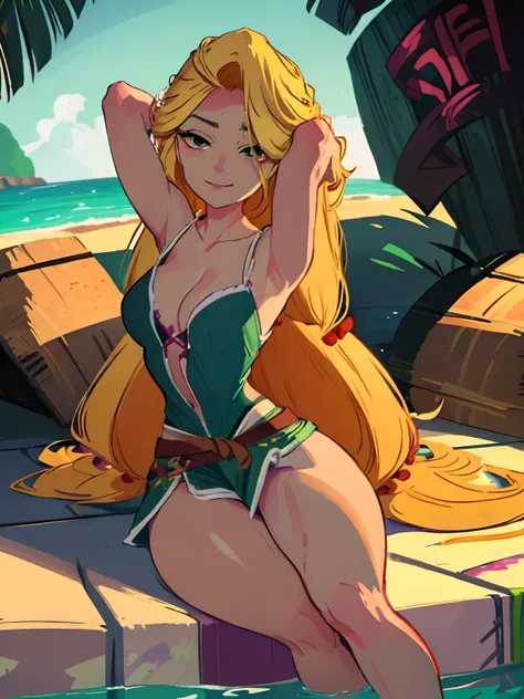 (masterpiece, best quality, high resolution: 1.5) rapunzel, relaxing on her back, laying in pool, green island outfit, (loose hair: 1.7), wet skin, great smile, green eyes, arms laid at Rapunzels side, slender arms and legs, vivid colors