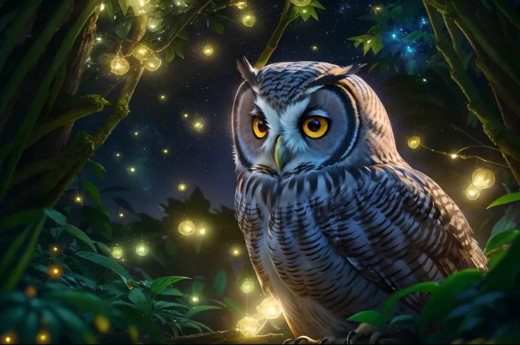 An owl close-up portrait at night, fireflies, perfect jungle night view, glowing effects, shinning stars in the sky, best quality, masterpiece collection, rendered by Nvidia RTX, ray tracing, 24K UHD resolution, extremely high detailed art, landscape art