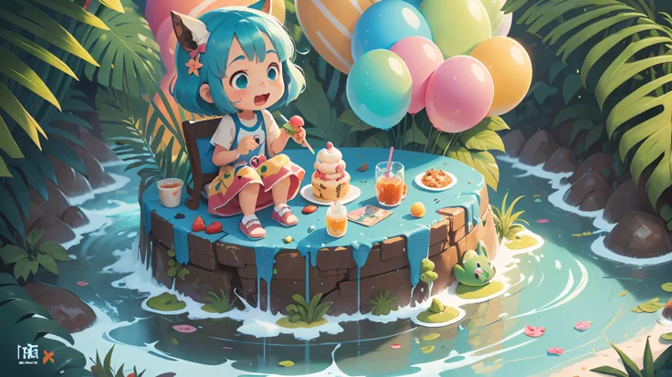 Masterpiece, Ice cream sundae bowl, Little girl with blue hair, Multi-colored scoop ice cream, pistachio, Strawberry, Mint flake sauce, Cool swimwear, Ice cream balloons, iridescent hues, Burst, dreamy expression, Sugar Wonderland, Wide-angle telephoto len...