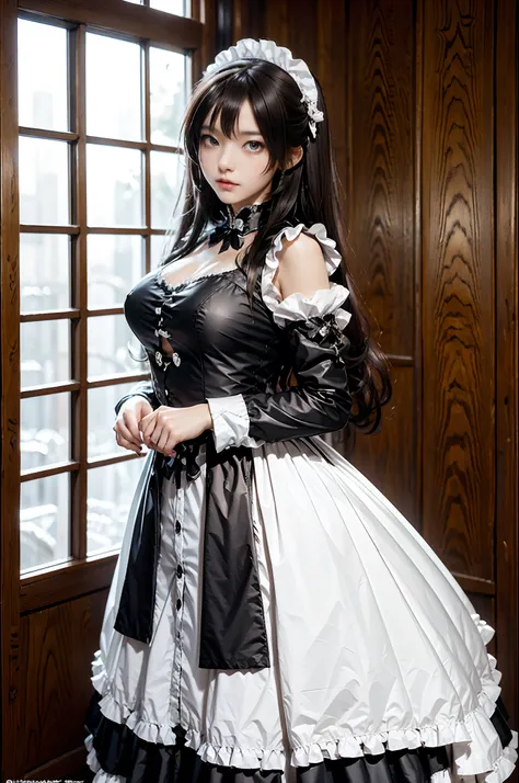 the woman, (european citizenship: 1.2) in a black and white outfit posing for a photo, maiden! dress, anime girl cosplay, anime ...