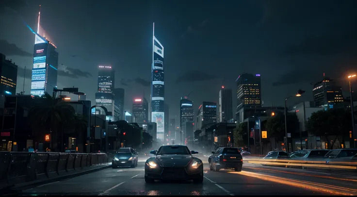 A bustling, neon-lit futuristic cityscape, featuring flying cars, holographic advertisements, and towering skyscrapers. The city is built on top of a dystopian wasteland, giving a stark contrast between the sleek, advanced technology and the desolate surro...