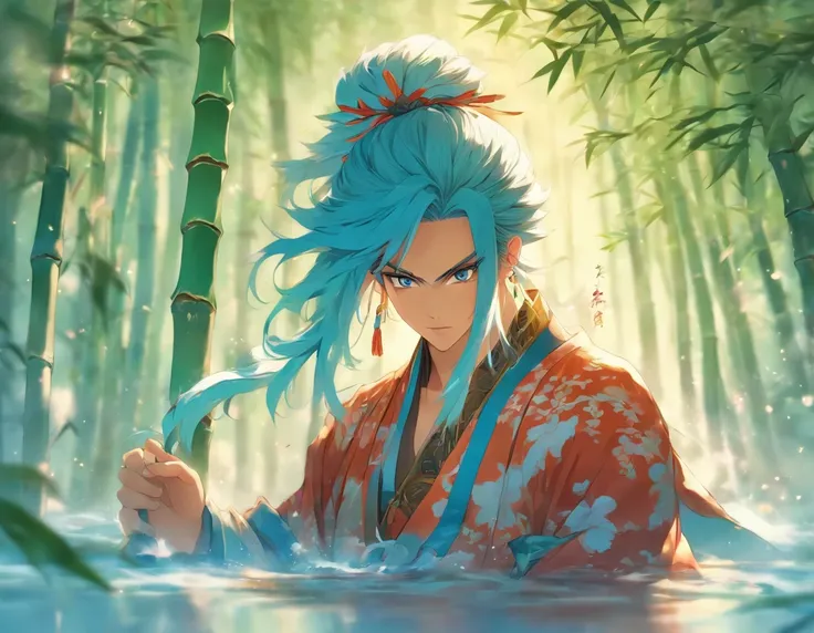 Masterpiece, best quality, official art, 8k wallpaper, very detailed, illustration, 1 boy, chinese style, ink, sky blue hair, long hair, detailed eyes, forrest fun, bare shoulders, hanfu, lake, pure, soft smile, bamboo, tea