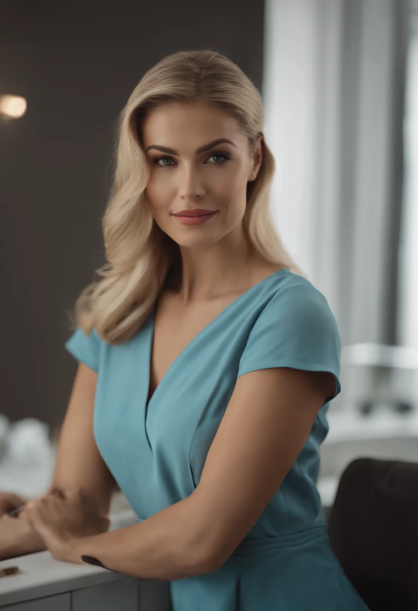 a beautiful woman in the cosmetologists office, he holds a pair of tweezers in his hand,  professional, (4k photo:1.1), high detail, wearing azure dress, beautiful detailed face, hazel eyes, short blonde hair, body shape, massage table, windows