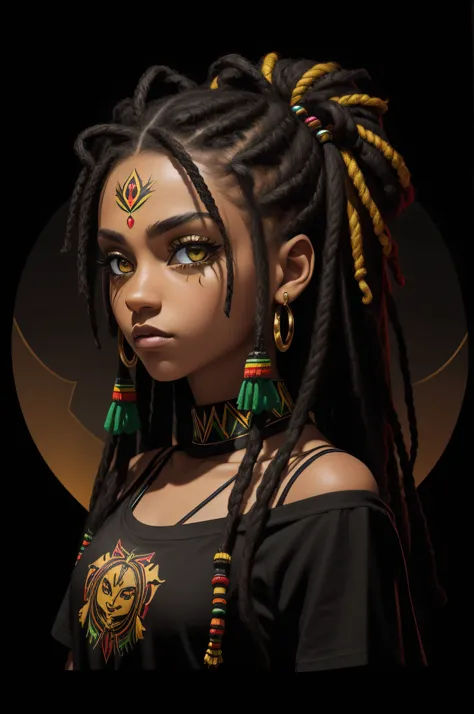 t-shirt art, golden eyes, 2D, ((black background :1, 5)), vector, vivid colors, teenager rasta outfit character, masterpiece, best quality, intricate details, perfect symmetrical face, realistic details, gothic theme, rim light, moonlight, cinematic shadin...