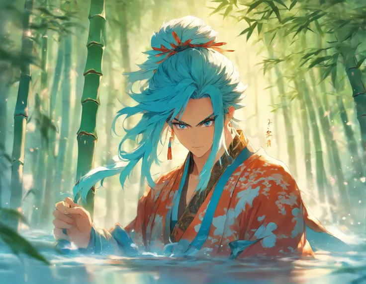 Masterpiece, best quality, official art, 8k wallpaper, very detailed, illustration, 1 boy, chinese style, ink, sky blue hair, long hair, detailed eyes, forrest fun, bare shoulders, hanfu, lake, pure, soft smile, bamboo, tea