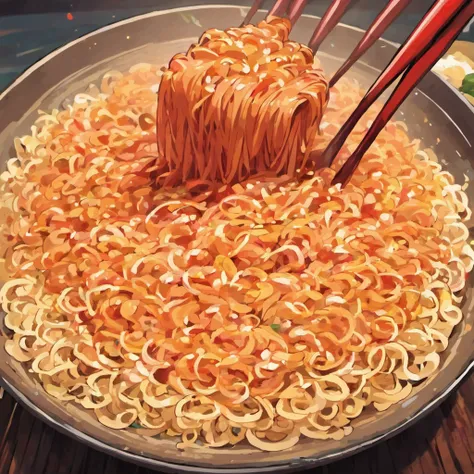 Vector illustration of a bowl of Chinese rice noodles，Very fine rice noodles are covered in sauce，Rice flour is round，There is beef in it，Lots of peppers，Lots of red oil，There are chopped green onions，Peanut rice Sauerkraut，Pick up the rice noodles with ch...