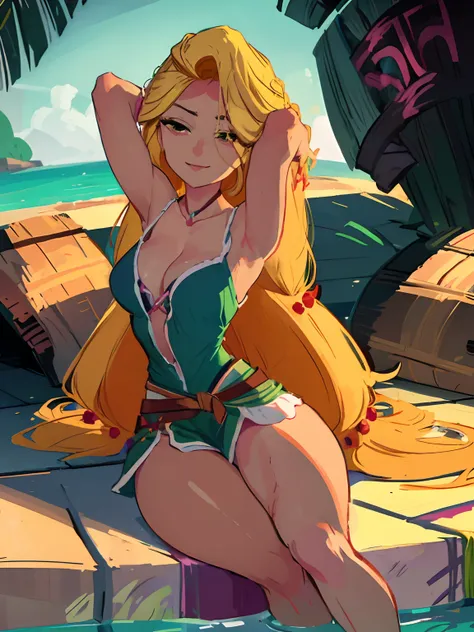 (masterpiece, best quality, high resolution: 1.5) rapunzel, relaxing on her back, laying in pool, green island outfit, (loose hair: 1.9), sexy smile, green eyes, arms laid at Rapunzels side, slender legs, slender arms, vivid colors