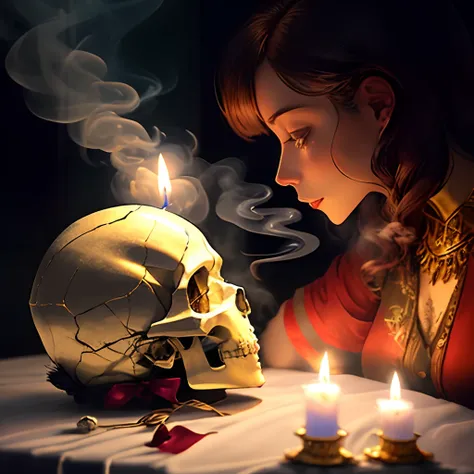 Crystals skull，profile view，Inlaid with gold thread，Covered with red satin，Gold tray，Burning candles，the night，Faint smoke surrounds the skull，