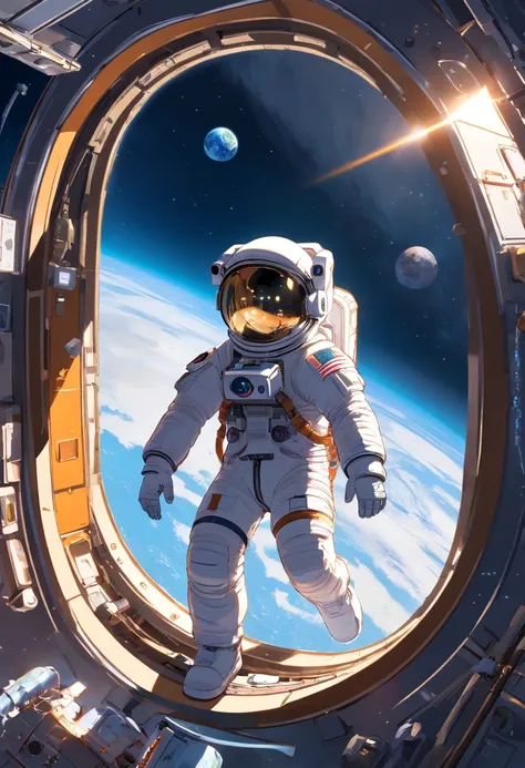 1 astronaut, helmet, space suit, (floating in zero gravity:1.2), earth, Moon, stars, Spaceship, (Reflect sunlight:0.8), Milky Way, (Distant galaxies:1.3), moons, rocket launch, (exhaust gas:0.9), space station, (Cosmic background radiation:1.1), spacewalk,...