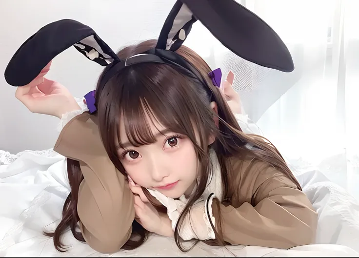 1girl, sakurajima Mai, brown jacket, bunny headband, long Hair, black hair, realistic , ultra detail , 70mm Lens