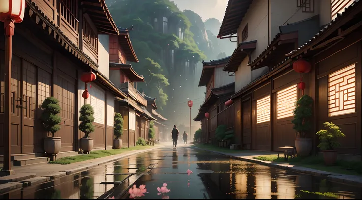 backgroun)), (bamboo road), (chinese style), (real and anime style), cinematic lighting, depth of field, depth of field, depth o...