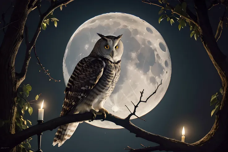 Moon in the sky, close up of an owl perched in a branch, an old man holding a candle, looking at the owl. Inspired byGeorges de la Tour, highly detailed.