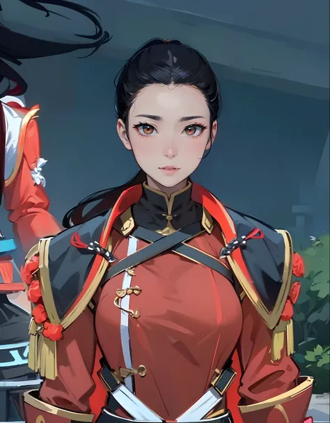 close-up of a man in red and black costume, Katana Zero video game character, Female character, inspired by Li Mei-shu, character close up, close up character, heroines, Inspired by Lan Ying, inspired by Ju Lian, inspired by Hong Ren, full-body xianxia, Cl...