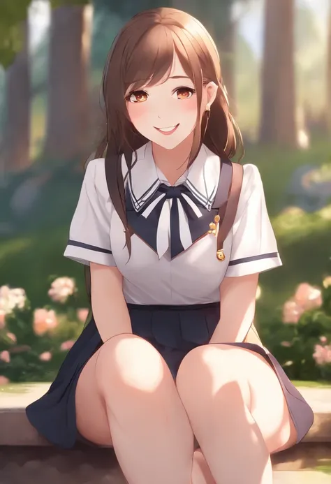 1girl,((school uniform, bare tits)), blush,light smile, sitting,outdoors, thick thighs