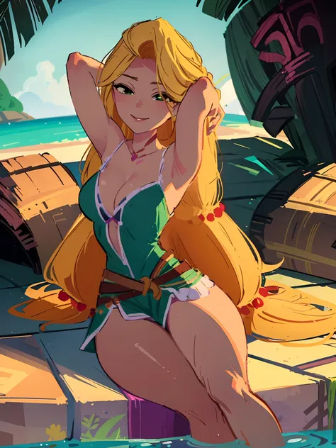 (masterpiece, best quality, high resolution: 1.5) rapunzel, relaxing on her back, laying in pool, green island outfit, (loose hair: 1.9), sexy smile, green eyes, arms laid at Rapunzels side, slender legs, slender arms, vivid colors