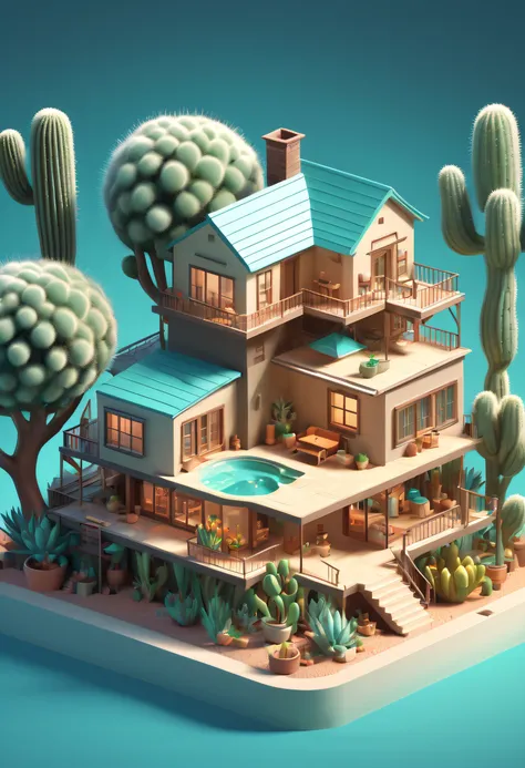 3d renders house, cactu, a tree, in the style of tom whalen, distillation of forms, tinycore, rich background, light cyan and dark beige, scientific illustrations, toycore, smooth lighting, dreamy landscapes, 4k UHD, isometric, tilt-shift