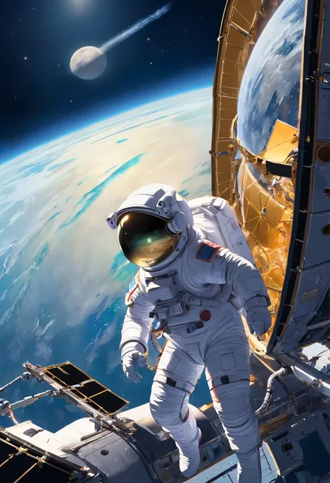 1 astronaut, helmet, space suit, (floating in zero gravity:1.2), earth, Moon, stars, Spaceship, (Reflect sunlight:0.8), Milky Way, (Distant galaxies:1.3), moons, rocket launch, (exhaust gas:0.9), (Cosmic background radiation:1.1), spacewalk, (Tethered to a...