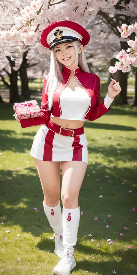 full body, vibrant colors, sexy girl, masterpiece, sharp focus, best quality, depth of field, cinematic lighting, ( 50% white captain outfit), hat, long hair, white hair, red eyes, laughing, smile, medium breasts, cherry blossom, outdoors, holding gift, gi...