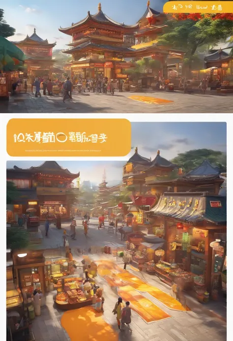 A monkey running in the bustling and popular food street is about to rush out of the picture .Bubble Mart style. The color of the screen is yellow,orange,and gray.Harmony and richness.Detailed scene and IP design with Shanghai style and 3D style. --ar 4:3