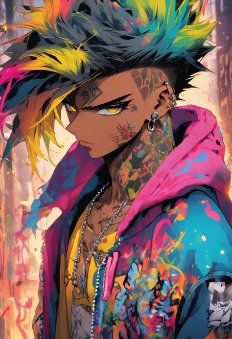 A cool and trendy male, standing pose, rainbow colored hair, yellow eyes, wearing trendy hip hop clothing, wearing a hoodie, graphic t-shirt and torn jeans, tons of tattoos and piercings, graffiti style background, highly detailed background, perfect maste...