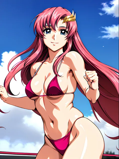 (masterpiece, far view, 4K, Best Quality, Anime style: 1.9,, Adult Woman, ultra detailed face, (cloud background, wrestling), Drawing lines, high resolution, Anime, lacus4), 1girl, Solo, curvy figure, Long hair, 鎖骨, scapular, (Detailed wide hair bangs, Hai...