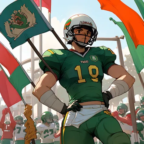 Puka Nacua in his football uniform standing over a Mexican flag holding a sign that says In Puka We Trust