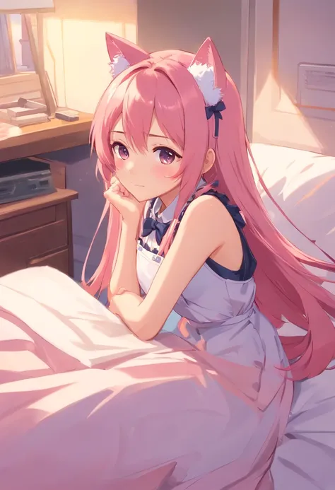 one-girl，Pink Long Hair，Qi bangs，Pink cat ears，Pink cattail，Black maid outfit，maid headdress，Lie down in bed，Shy eyes，Lie on your face，full bodyesbian，Grab the chest with your left hand，hyper HD