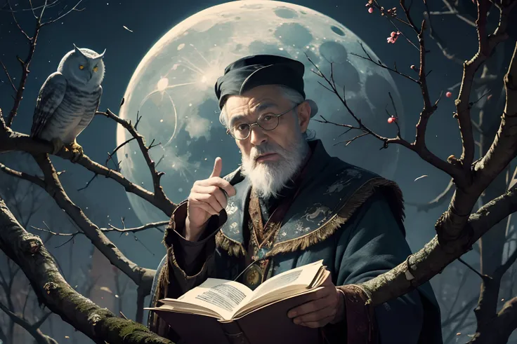 Moon in the sky, an owl perched in a branch, an old man dressed like a magician holding an ancient book, hes looking at the owl. Inspired by Junji Ito, highly detailed.