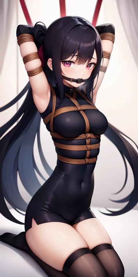 arms behind head, long_hair, looking_at_viewer, thighhighs, bow, bound, bdsm, bondage, rope, restrained, gag, shibari, bound_arms, ball_gag, shibari_over_clothes