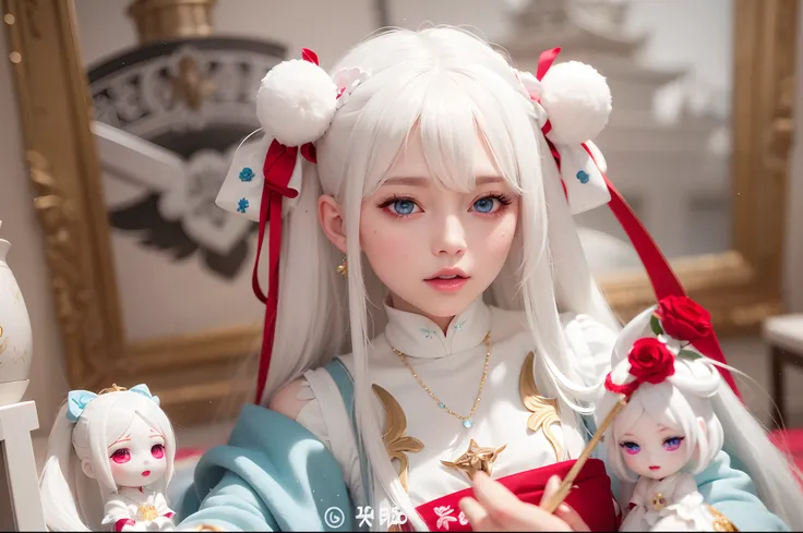 There is a doll with a white head and blue eyes, anime barbie in white, Palace ， A girl in Hanfu, dreamy and detailed, guweiz masterpiece, White-haired god, ball jointed doll, Guviz, dollfie dream, Porcelain white skin, Guviz-style artwork, valentine，blue ...